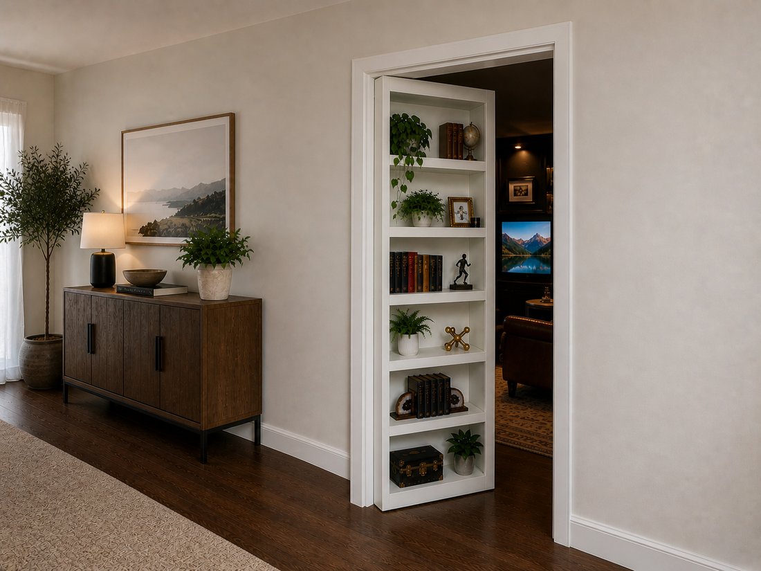 A bookcase door in a home interior