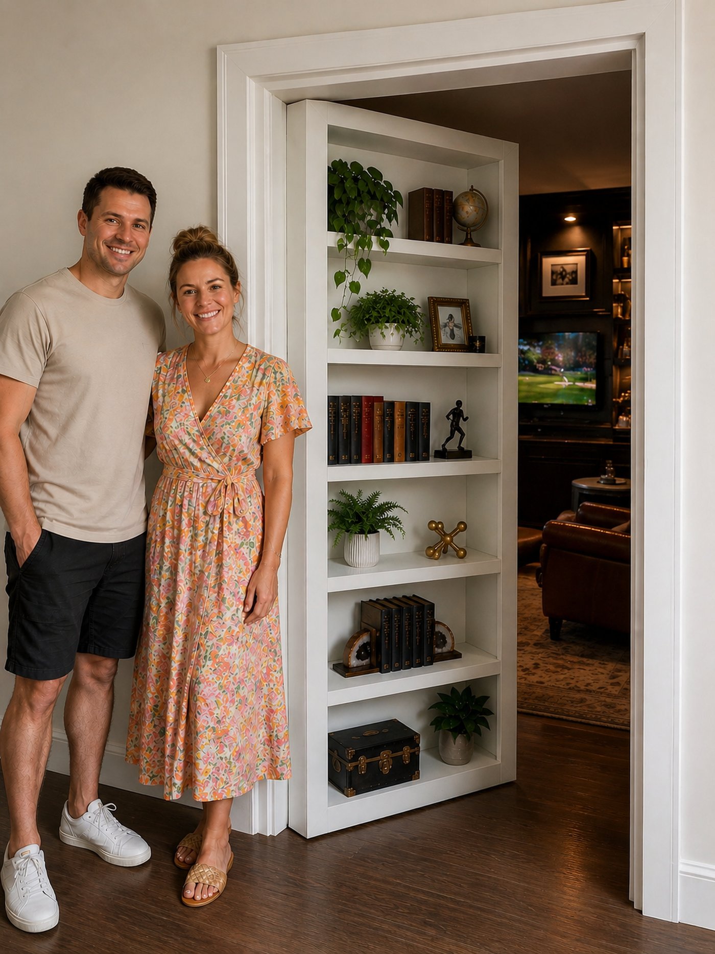 A hidden bookcase door swung partly open, fully styled with books and decor