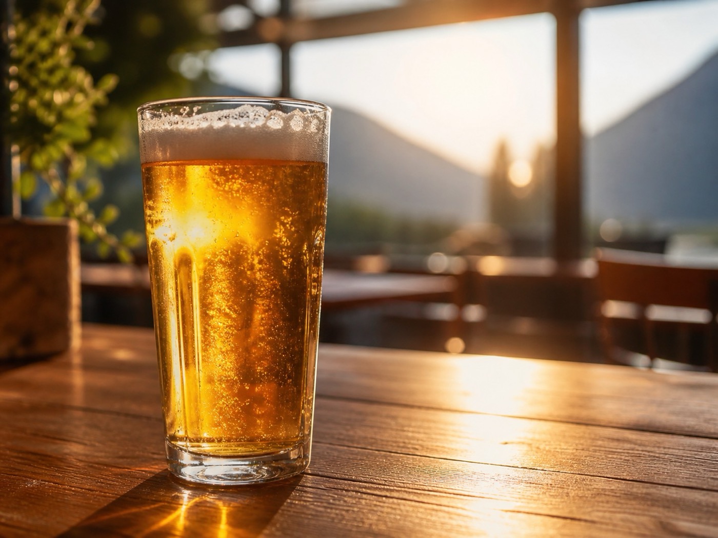 A cold pint on a wooden pub table with the late afternoon sun streaming in