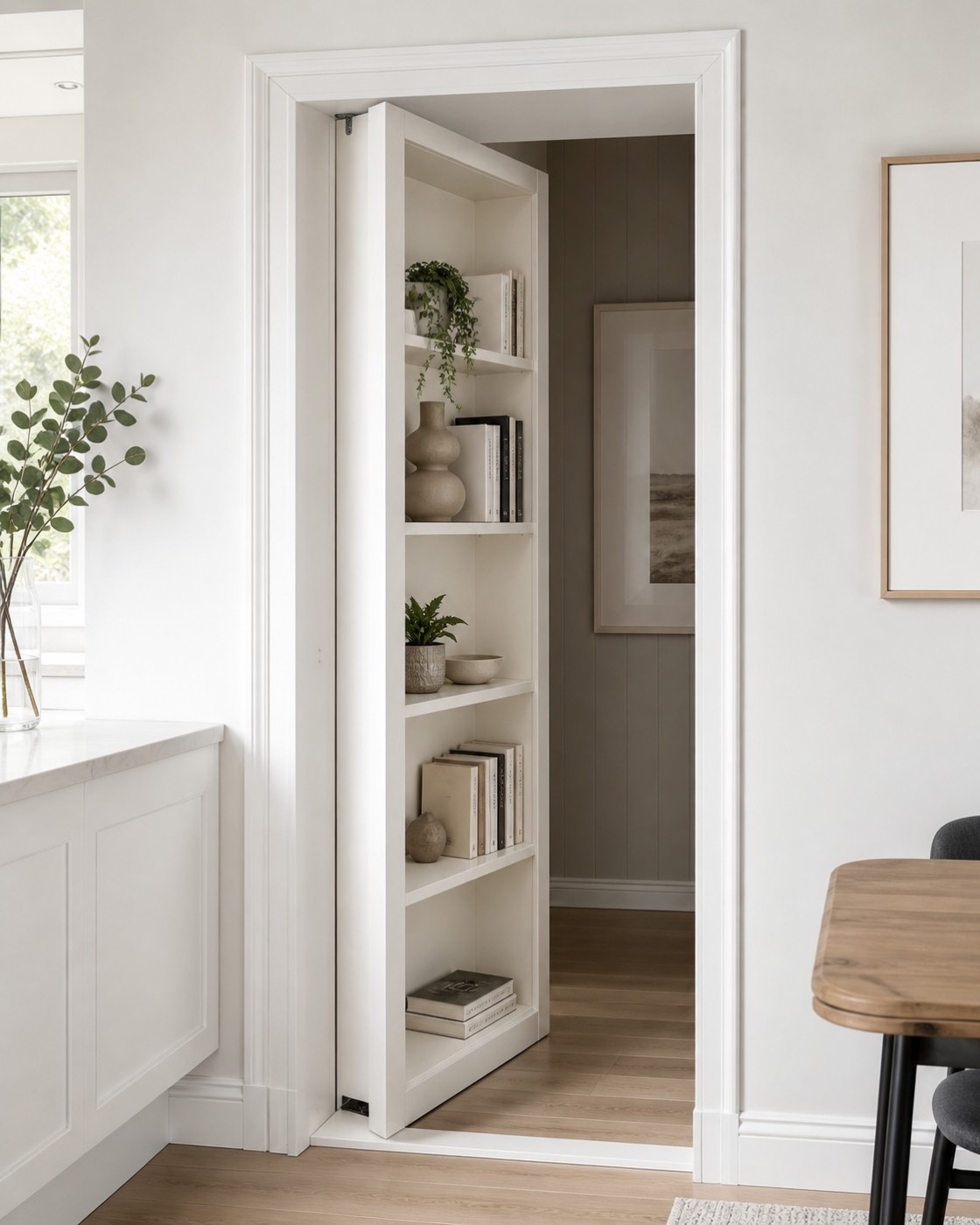 Hidden bookcase door swung open, leading to a hallway behind a styled kitchen