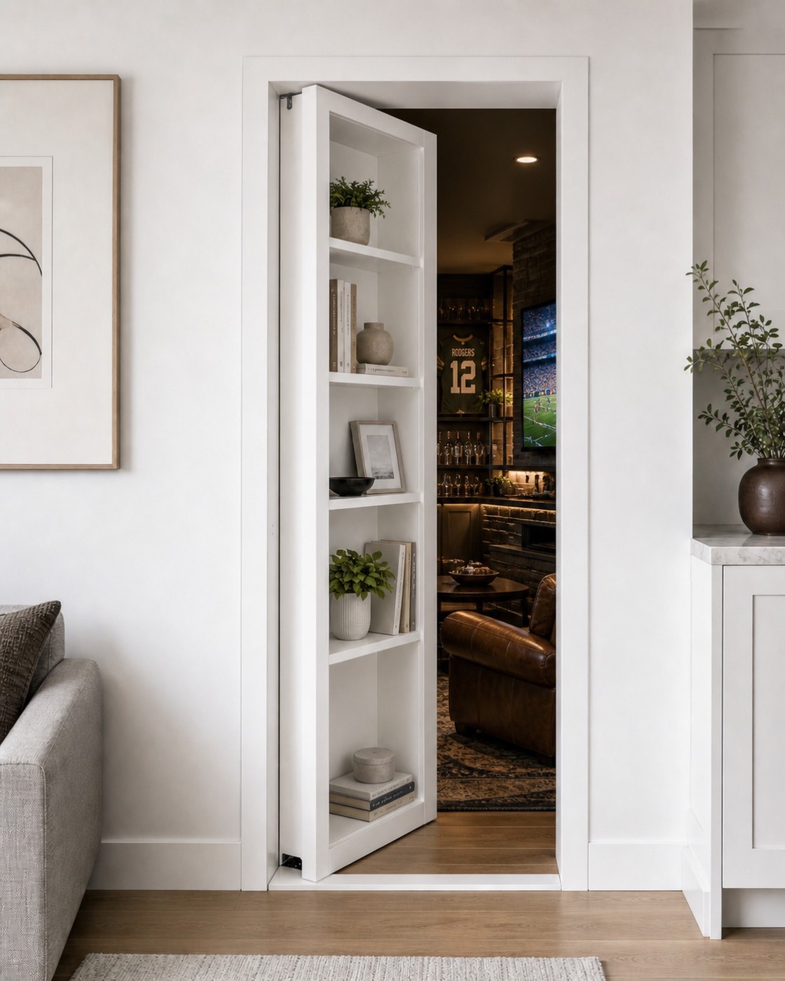 Open hidden bookcase door revealing a sports den with leather chair, bar and TV behind