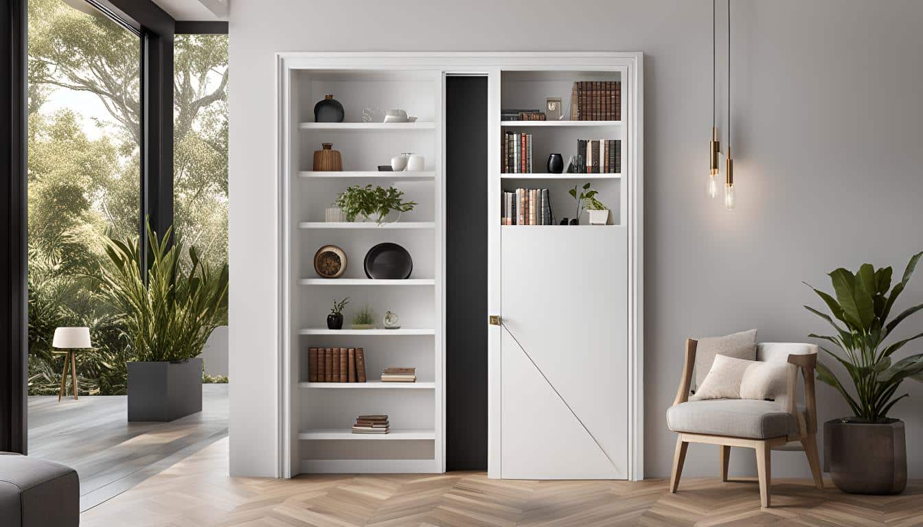 Minimalist hidden bookcase door in a modern home