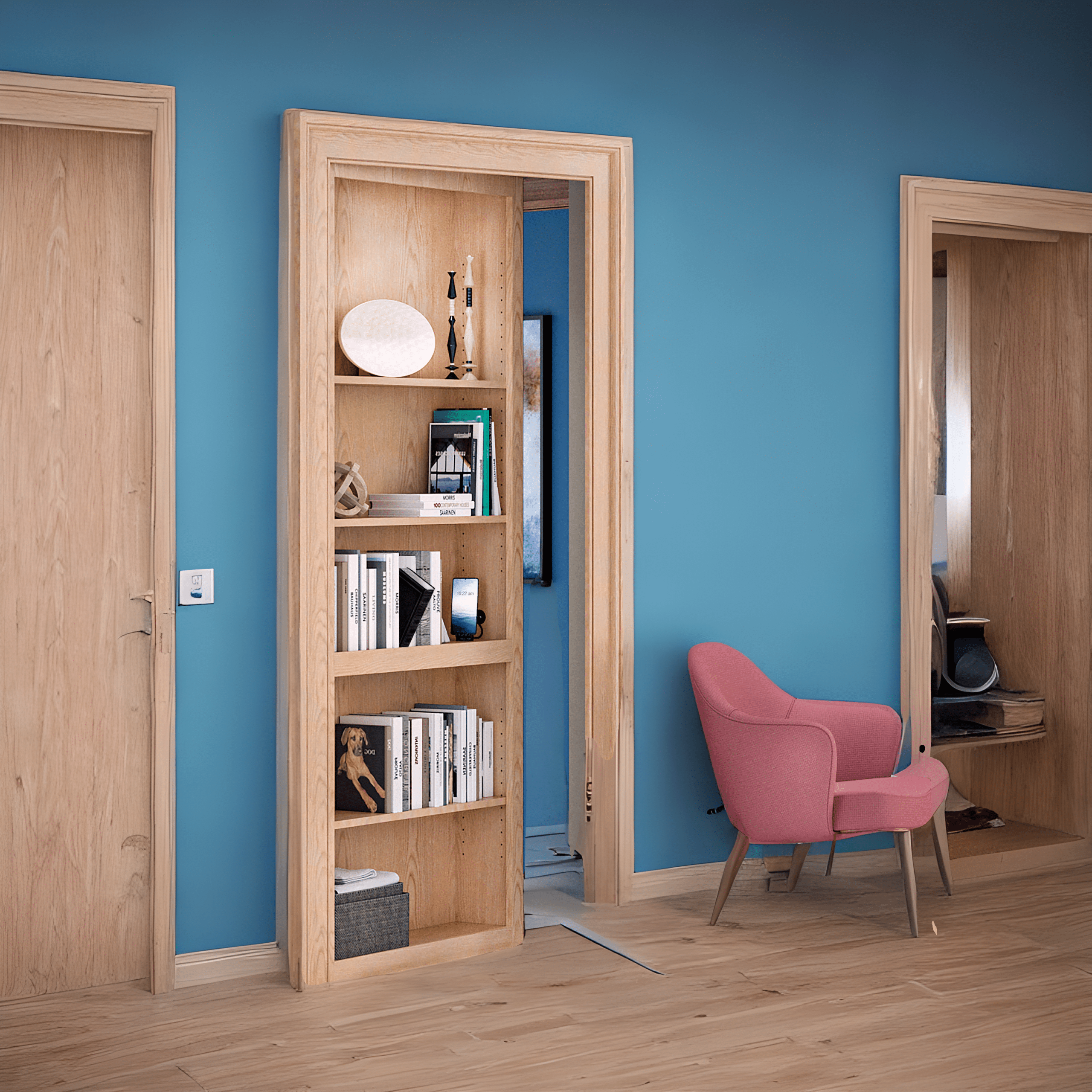 Hidden bookcase door concealing a private study